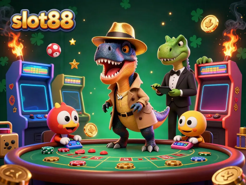 Experience the thrill of slot88 with a unique scene where a velociraptor card counter blends into the gameplay at a vibrant casino table.