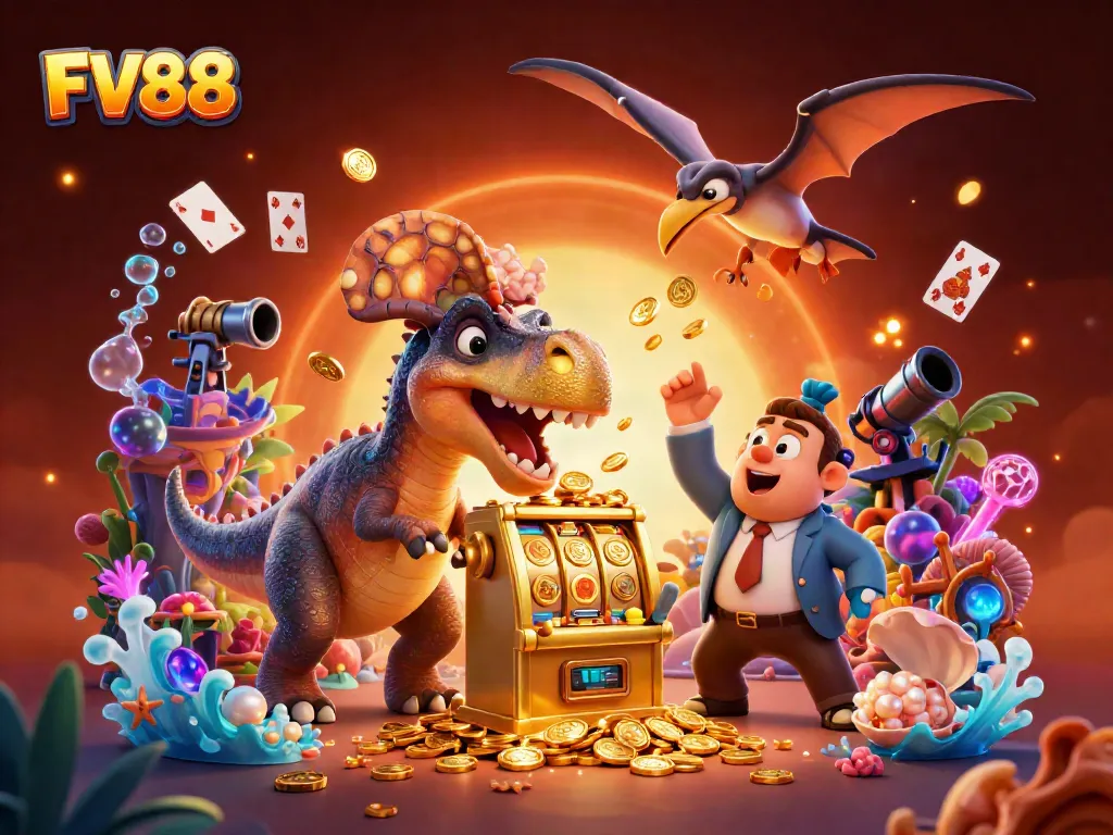 Experience thrilling wins with FV88 as a 3D pachycephalosaurus activates jackpot slots amidst rich casino elements.