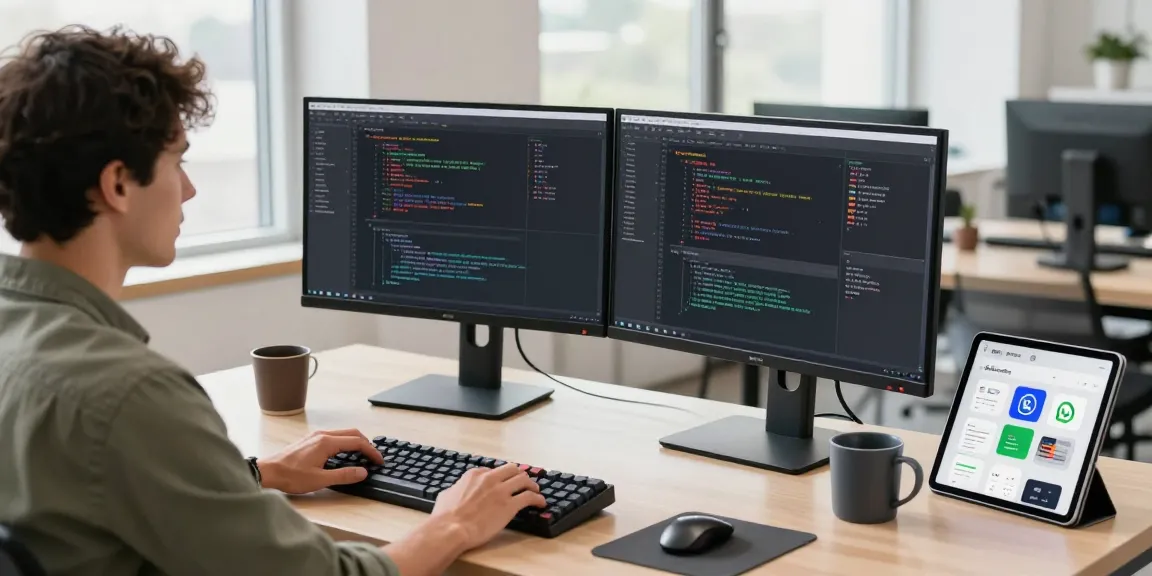 Professional workspace depicting coding environment for WhatsApp下載 development with dual monitors.