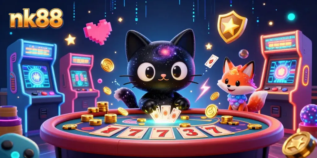 Engage with nk88 at a cosmic casino with a black hole cat and vibrant game elements.