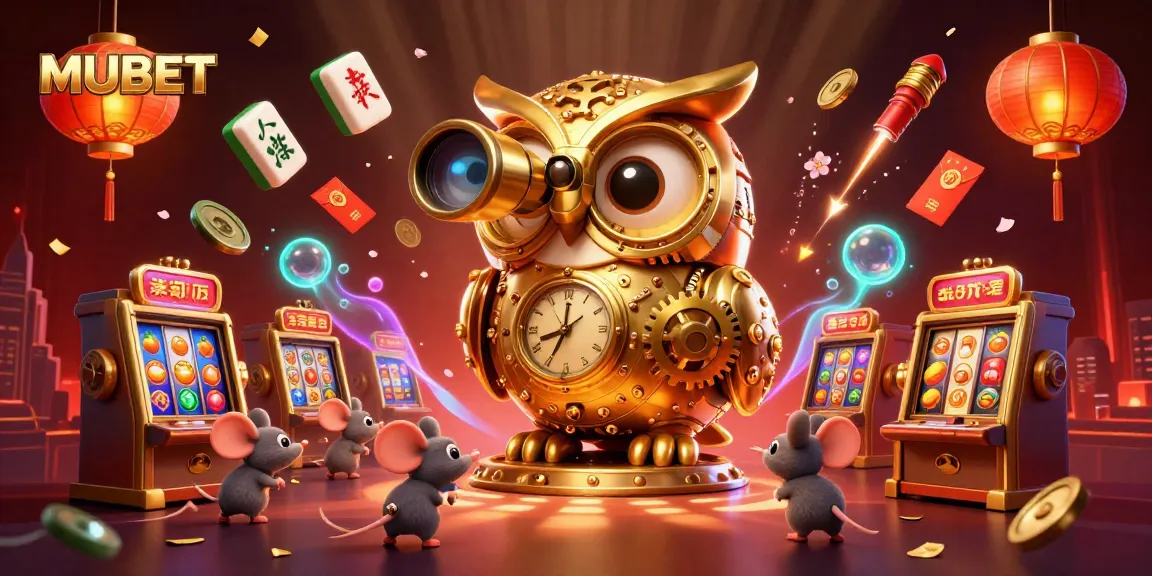 MUBET offers a thrilling casino experience featuring a golden owl and lively slot action amidst vibrant Chinese elements.
