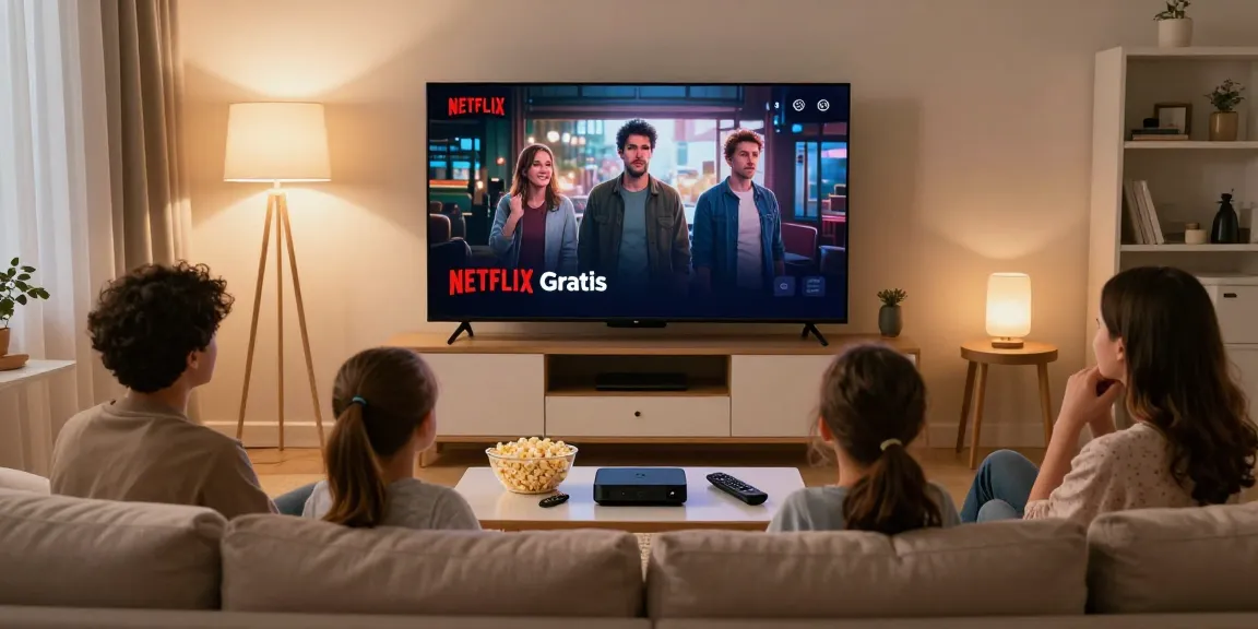 Family movie night in a cozy living room, streaming Netflix Gratis on a smart TV.