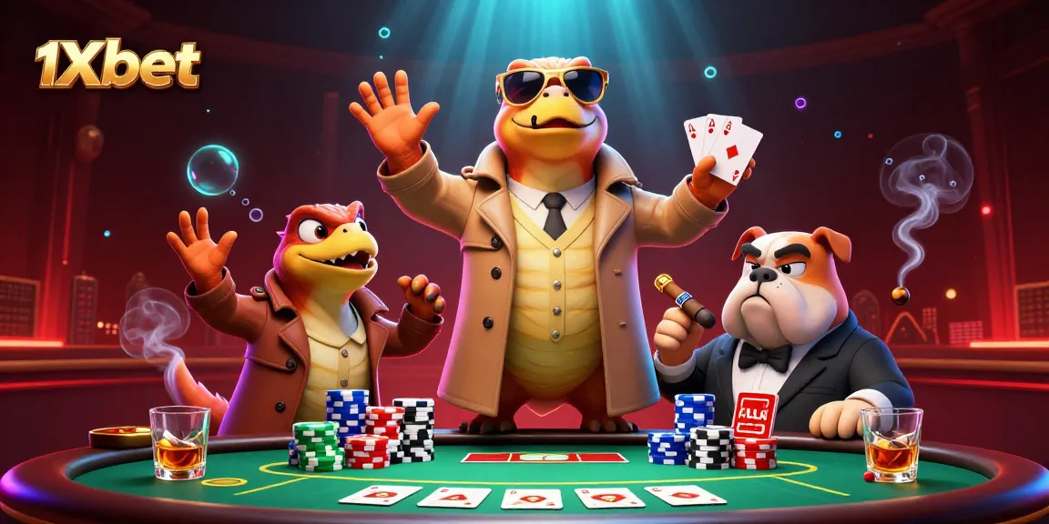 Experience high-stakes action at 1xbet with raptors scheming at a poker table in a dynamic casino scene.