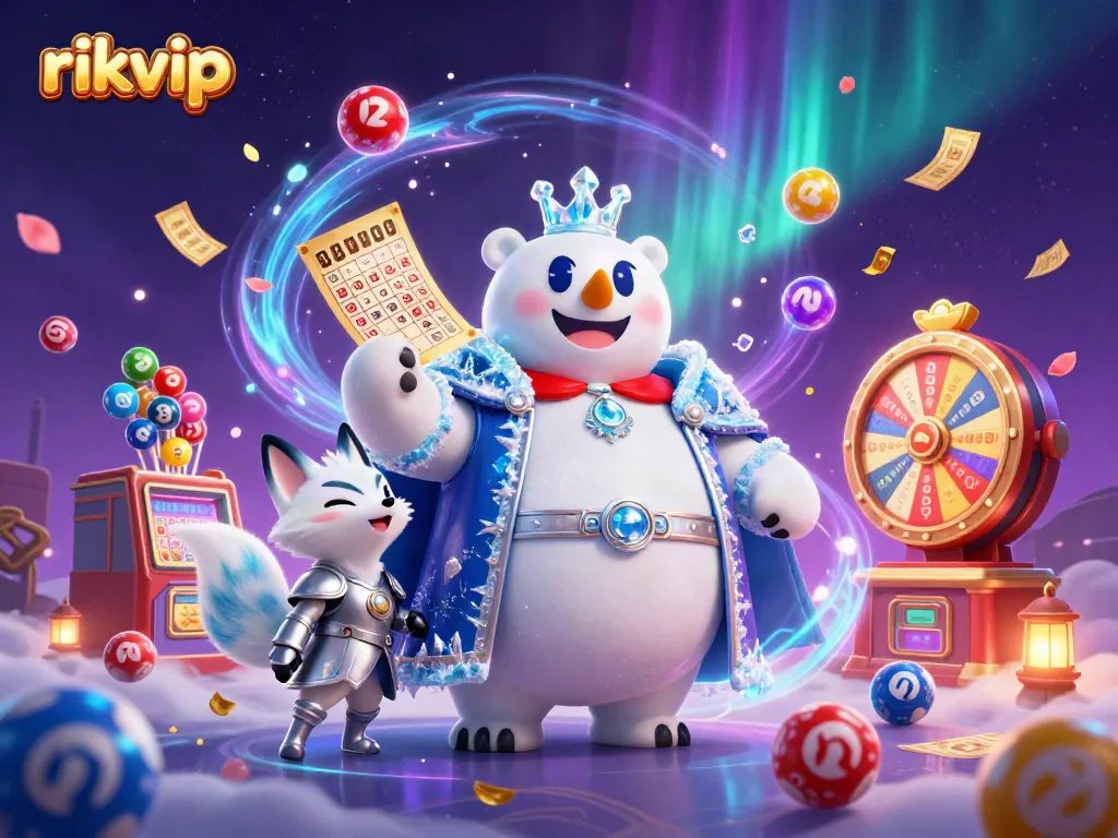 Engage with rigvip's vibrant gambling world featuring an ice king polar bear and snow fox amid dynamic lottery elements.