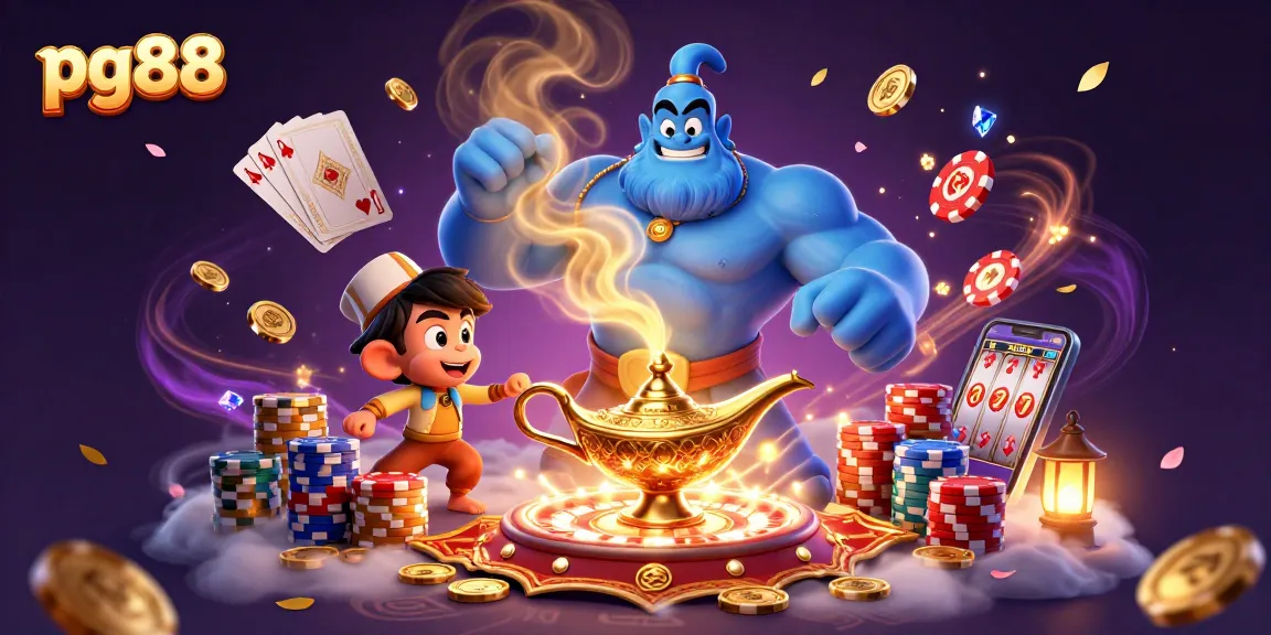 Experience thrilling games at pg88, featuring a muscular genie, poker chips, and sparkling treasures.