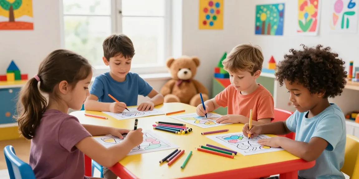 Kids joyfully coloring sheets from freecoloringsheets.net in a colorful playroom.