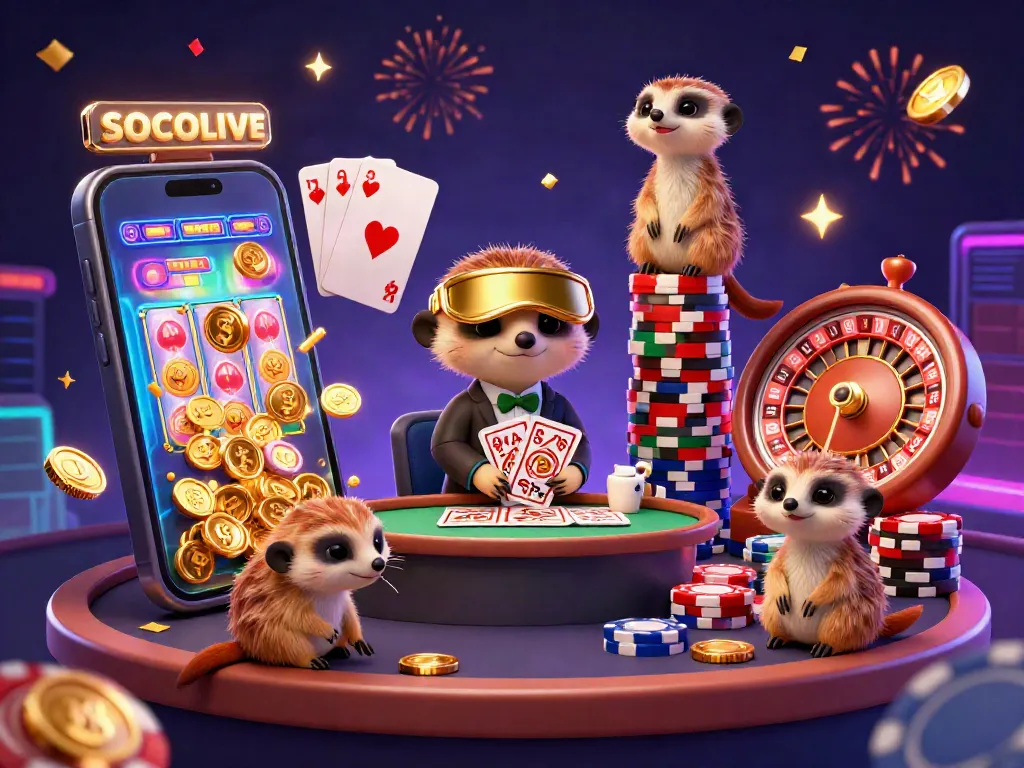 Experience excitement at SOCOLIVE's vibrant gambling scene with meerkats orchestrating an elaborate casino operation.