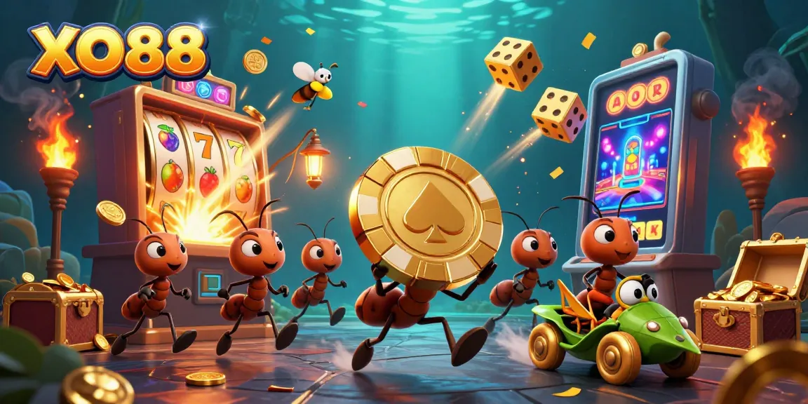 Experience thrilling action with XO88 as ants carry a giant poker chip amid explosive casino elements.