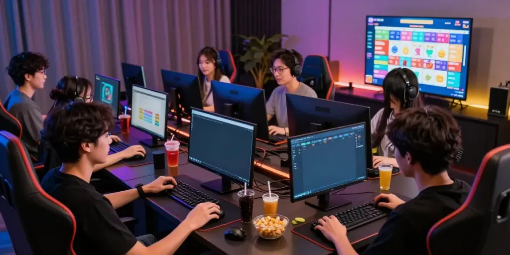 Engaging group enjoying Bandar Togel online gaming experience with vibrant screens.
