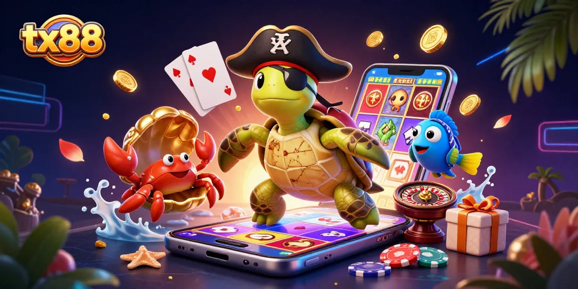 Engage in thrilling slots at tx88 with a cartoon pirate turtle and vibrant casino elements.