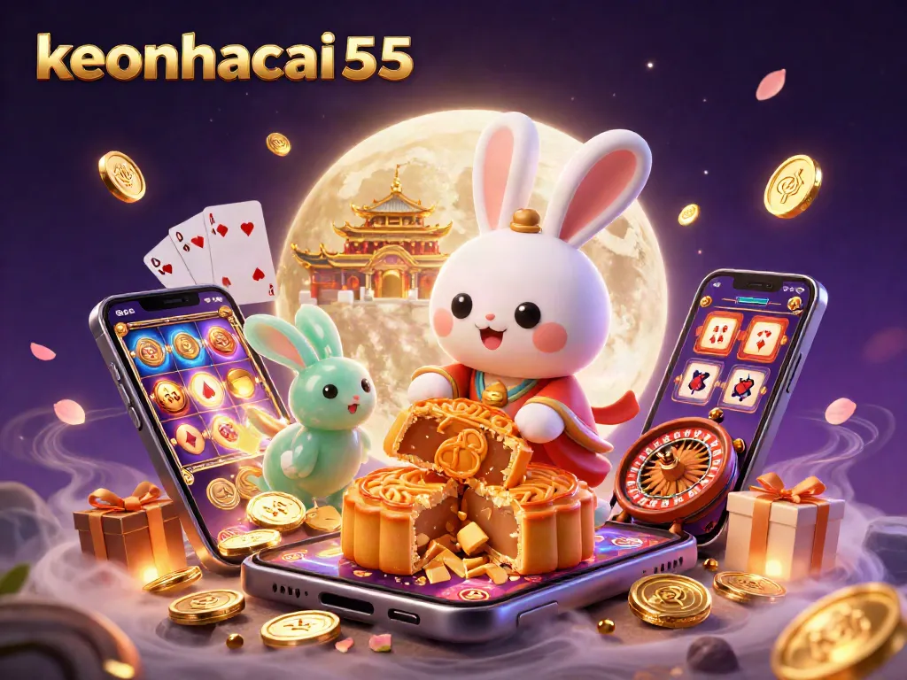 keonhacai55 showcases thrilling gambling excitement, featuring a playful moon rabbit with poker chips and slot games.