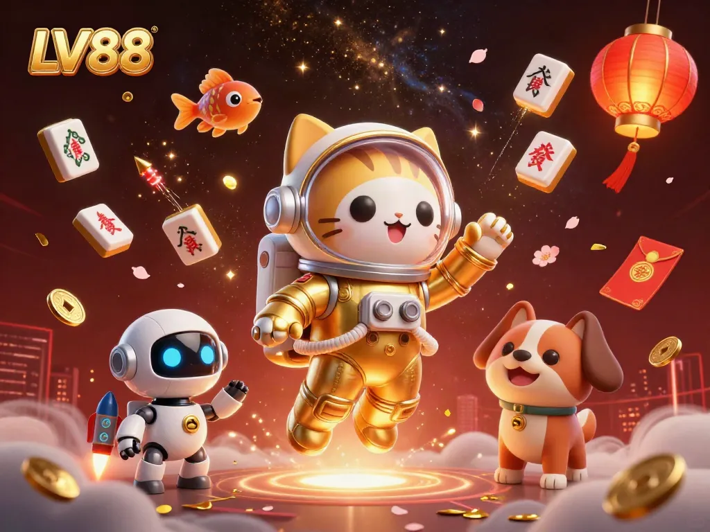 Engage in the thrill of winning with LV88, as a space cat and robot companion explore a vibrant casino universe.