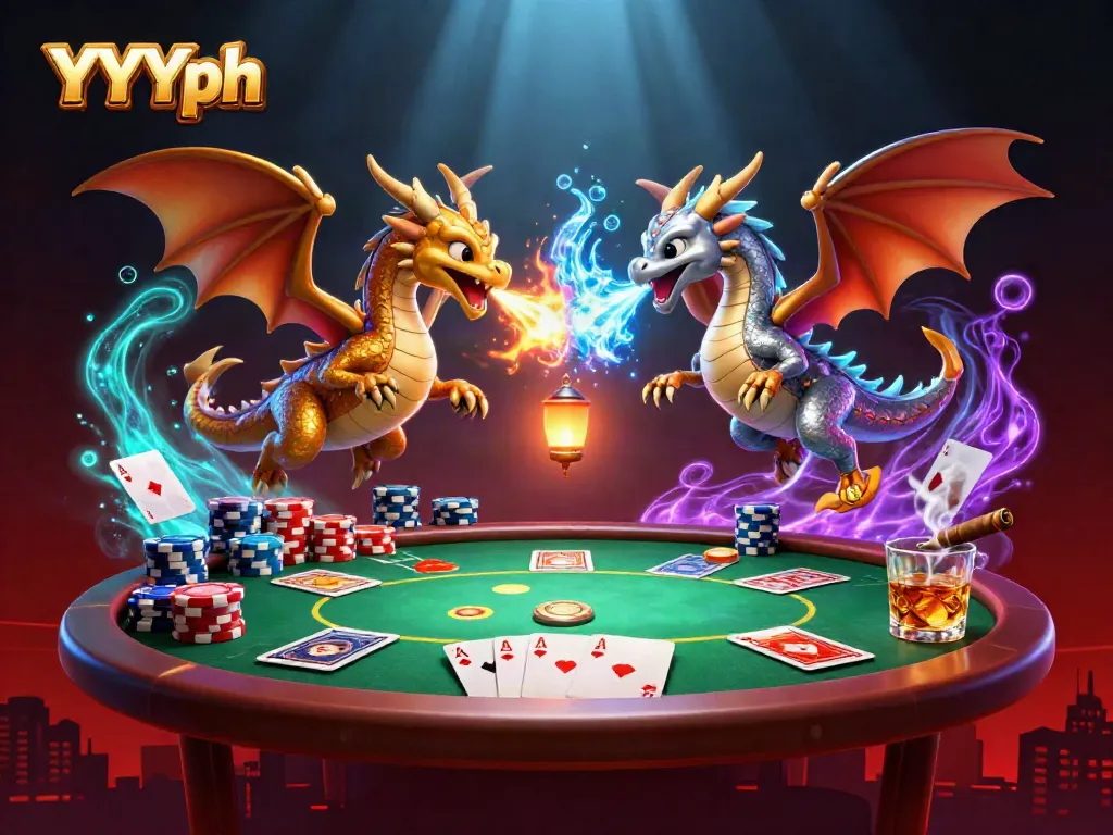 Experience thrilling YYYph action with cartoon dragons battling in a vibrant casino scene.