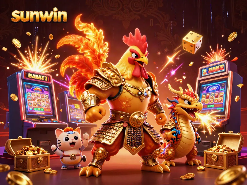 Experience thrilling action in sunwin's vivid casino scene with a fighting rooster and dragon amidst dynamic game elements.