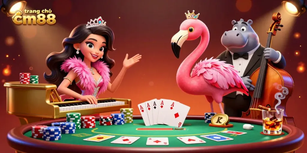 Experience thrill at trang chủ cm88 with lively casino characters and dynamic poker elements in a vibrant lounge scene.