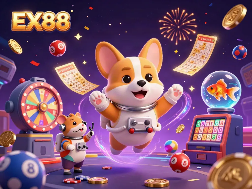 Experience the EX88 casino magic with a corgi astronaut, lottery balls, and confetti in zero gravity.