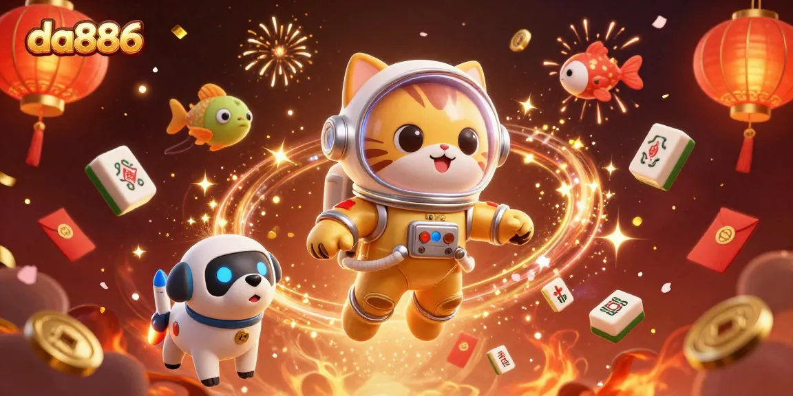 da886 thrills with a festive 3D scene showcasing a golden astronaut cat and thrilling casino elements.