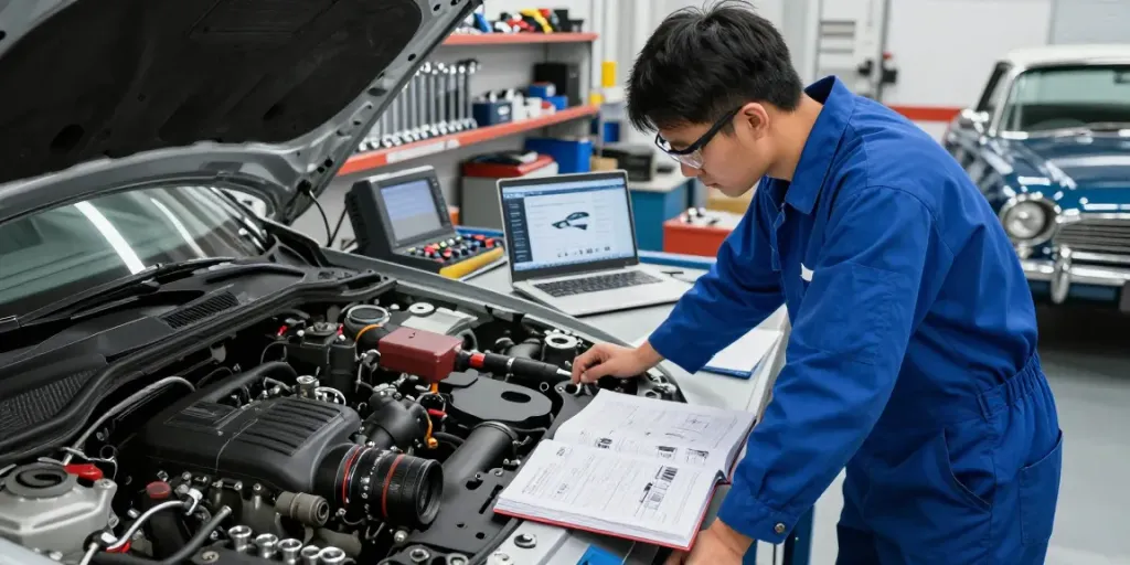 Mechanic reviewing car parts guides while inspecting an engine in a bright workshop.