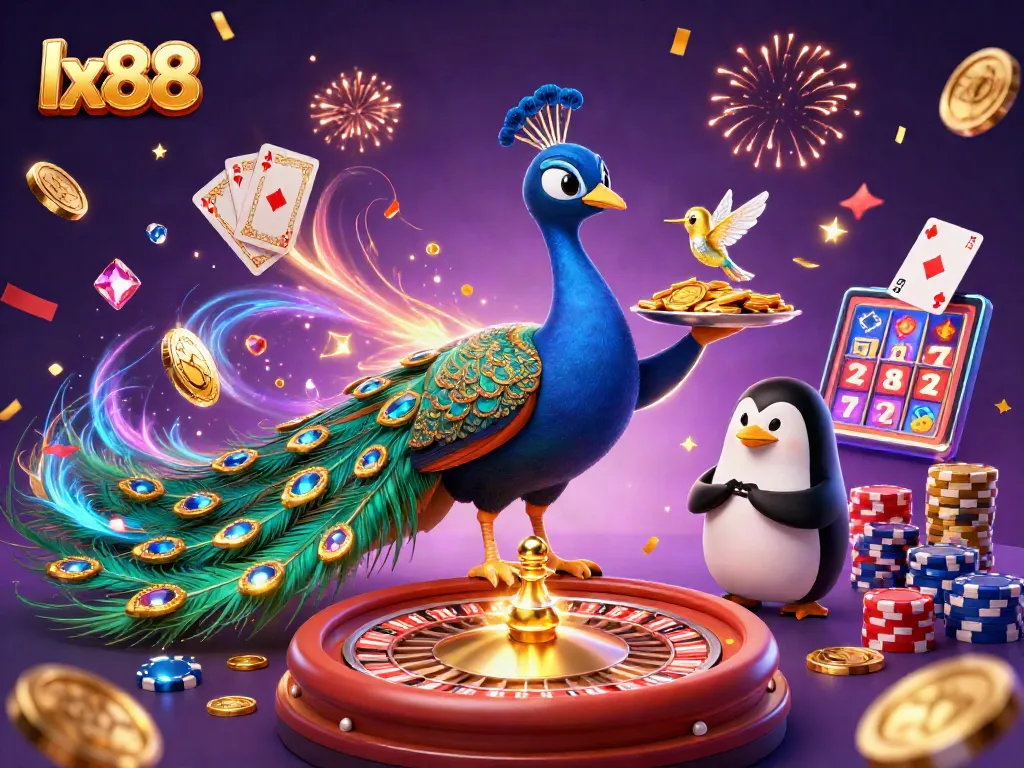 Experience the thrill of lx88 casino action with a vibrant 3D illustration of peacocks and poker elements.