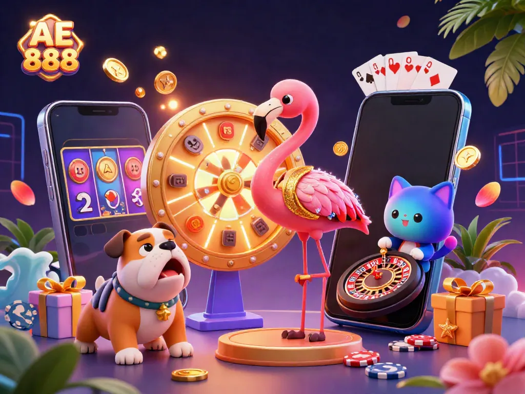 Experience thrilling gameplay with AE 888 in a vibrant casino scene featuring slots, games, and prizes.