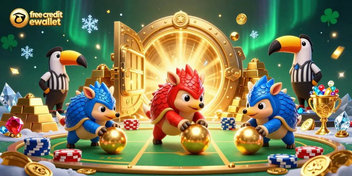 Engage with free credit ewallet at this vibrant 3D casino scene featuring rival pangolins and sparkling treasures.