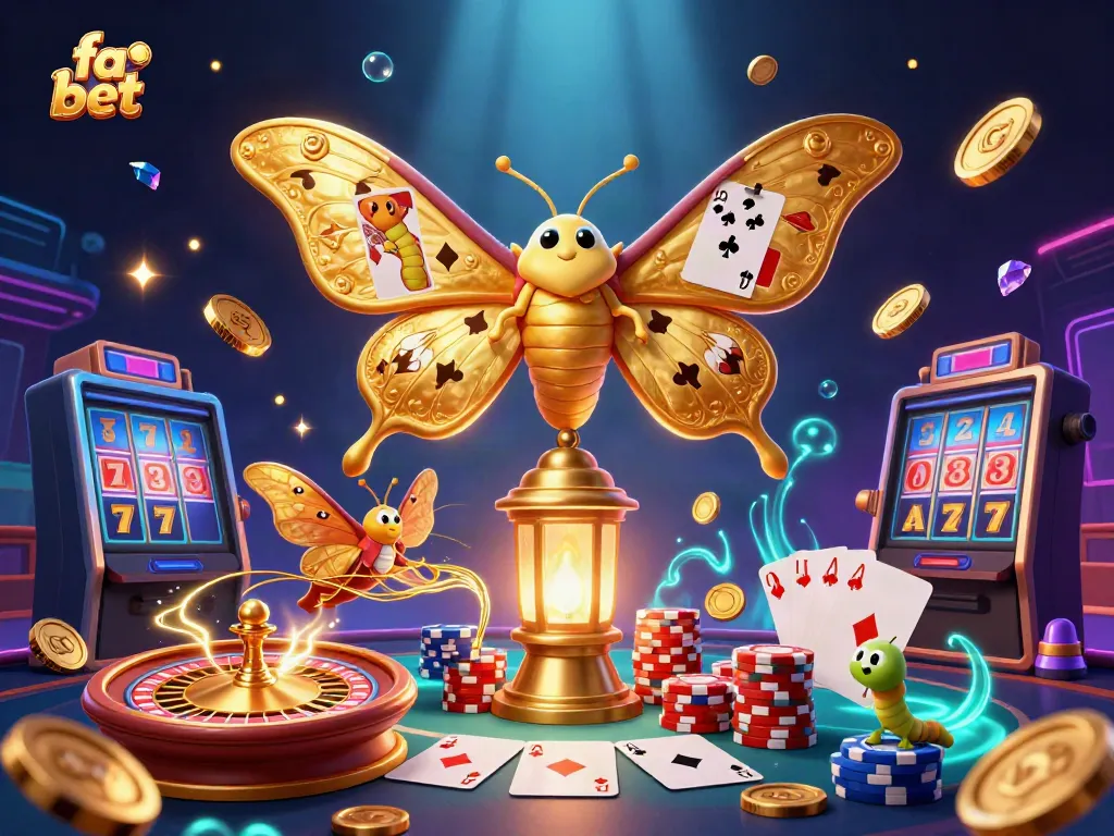 Experience the thrill of online gambling with fa bet, featuring vibrant 3D casino elements and a moth symbolizing fortune.