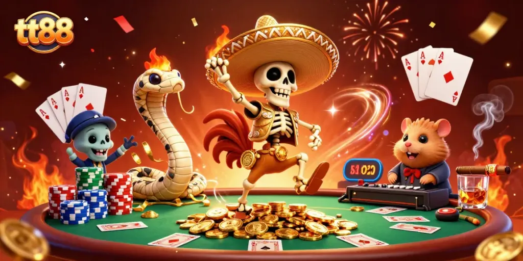 Celebrate winning at tt88 with lively characters amidst a poker-themed spectacular!