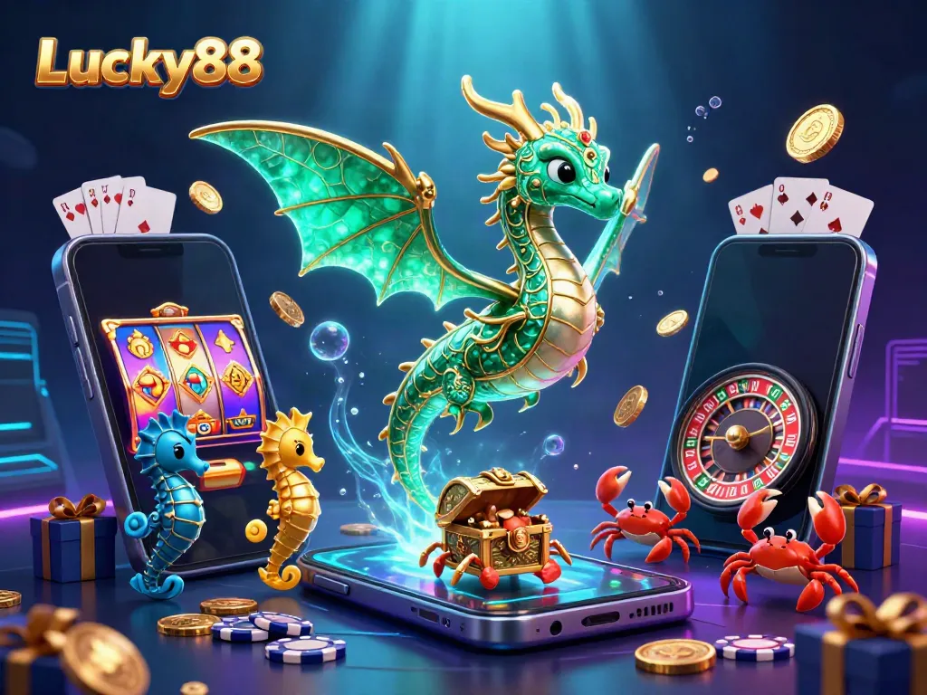 Experience thrilling slot games with Lucky88's fantasy scene featuring a sea dragon and treasure.