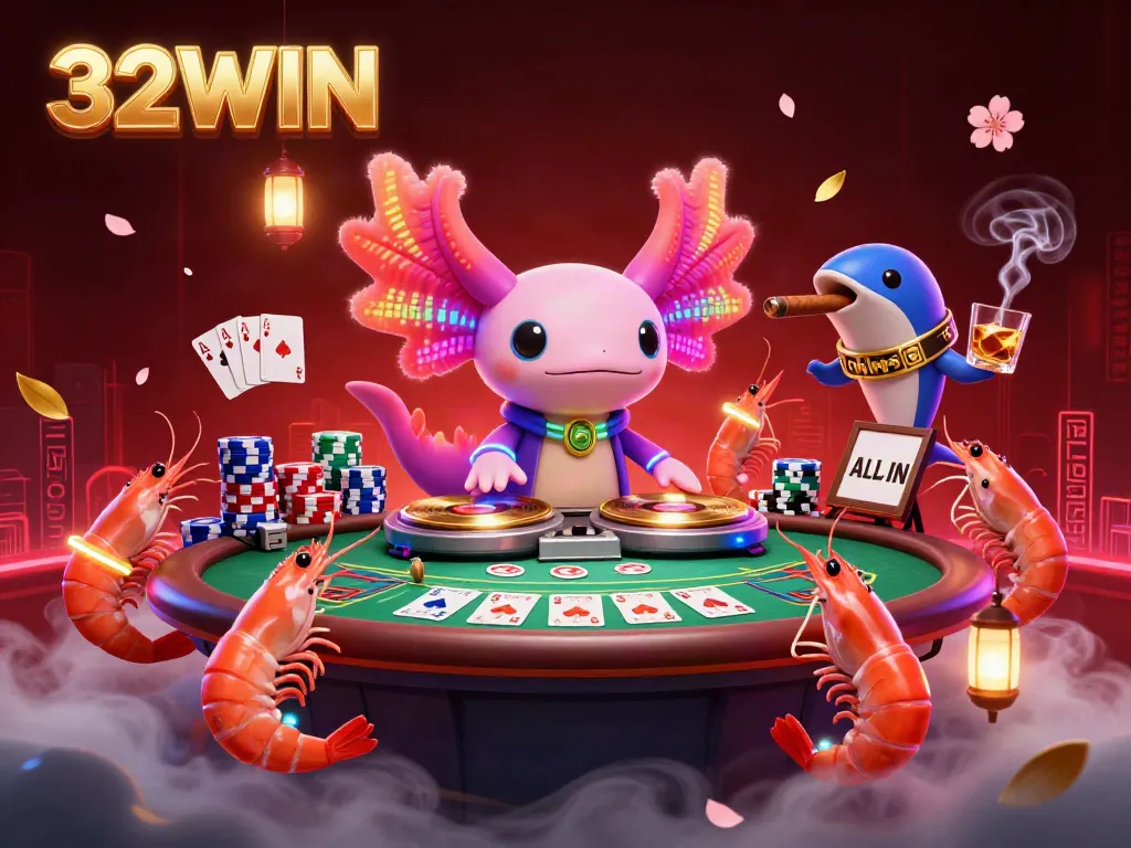 Experience the vibrant energy of 32WIN's casino scene with a neon axolotl DJ and lively aquatic characters.