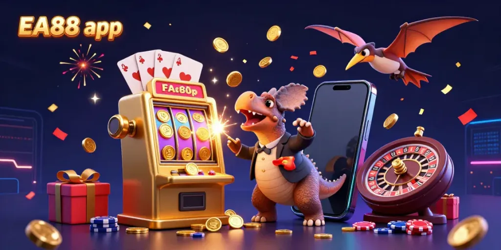 Experience the thrill with EA88 app as a pachycephalosaurus celebrates a big jackpot win in a vibrant casino scene.