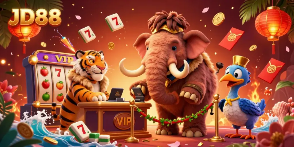 JD88 captures the excitement of slot gaming with a vibrant, animated casino scene featuring unique characters.