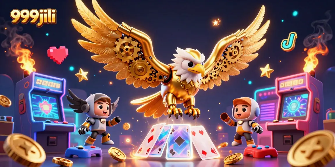 Play 999jili slots with the golden eagle mascot soaring through holographic cards and vibrant game elements.