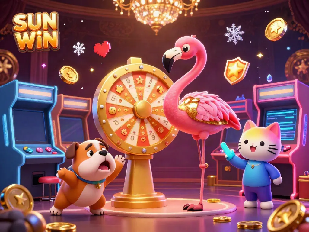 SUN WIN vibrant casino scene with flamingo host spinning a prize wheel alongside a bulldog contestant and cat assistant.
