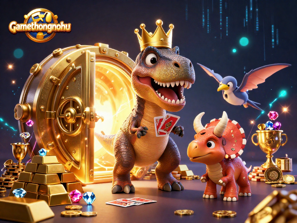 gamethuongnohu brings excitement with playful dinosaur characters in a vibrant casino scene