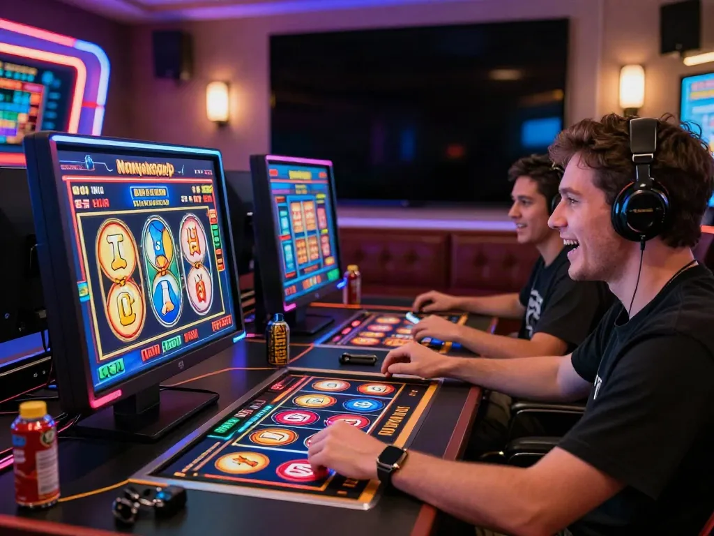 Player enjoying non gamstop slots on a modern gaming setup with colorful reels and immersive atmosphere.