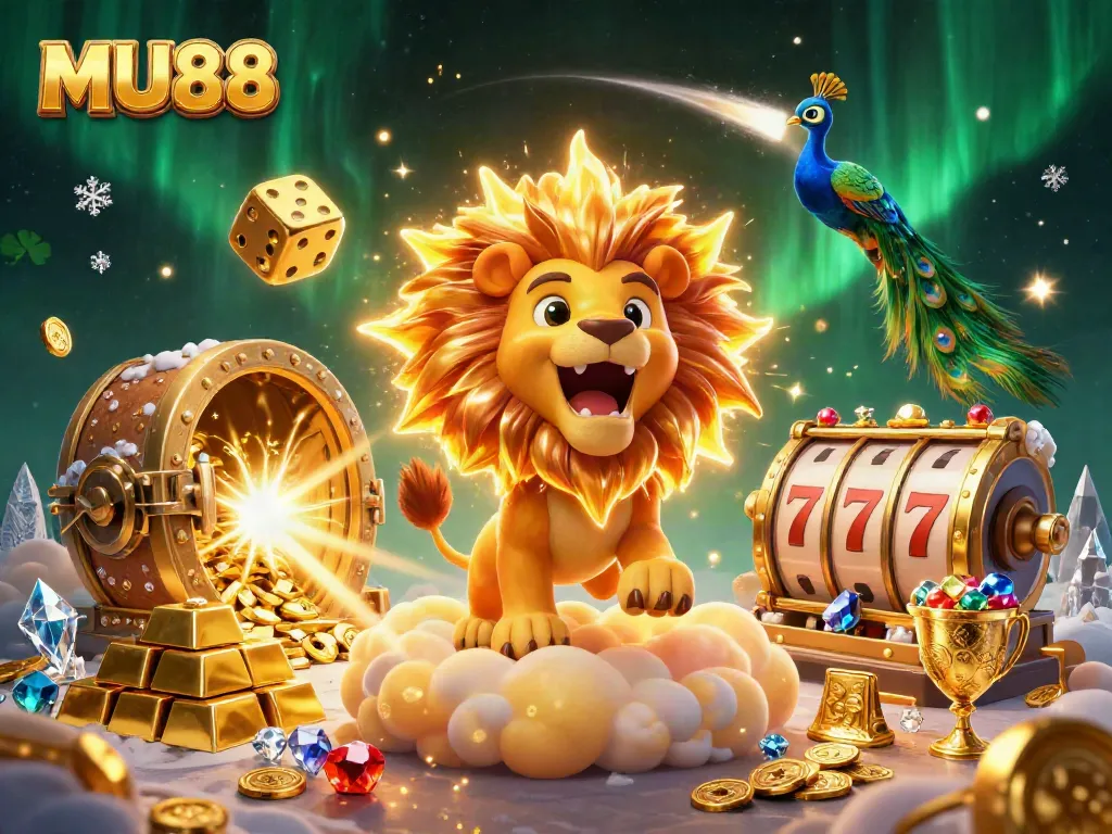 Experience winning moments at MU88 with a dynamic casino-themed 3D illustration filled with golden treasures.
