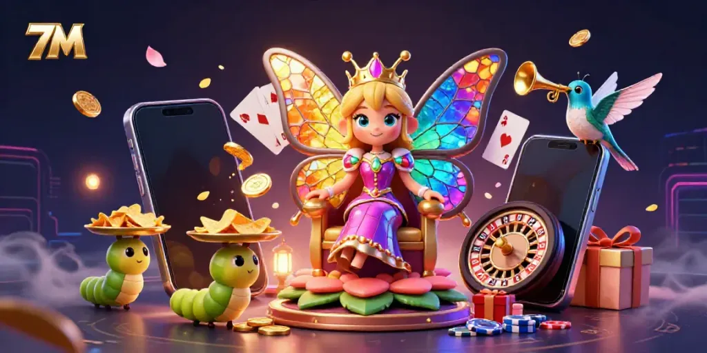 Experience thrilling moments with 7M's colorful casino world featuring animated characters, games, and vibrant visuals.