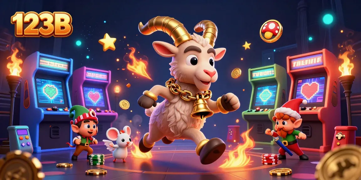 Experience the vibrant 123B casino atmosphere with playful characters in action, amidst colorful games.