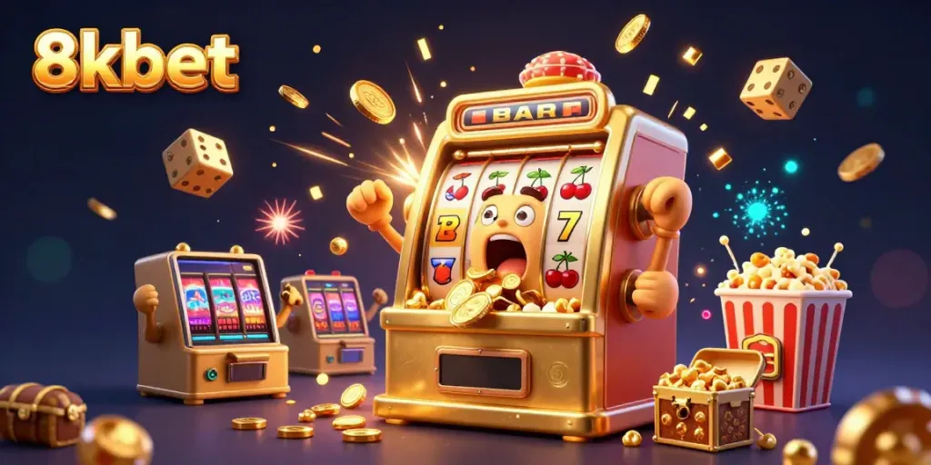 Experience excitement with 8kbet as the golden slot machine celebrates its jackpot victory amidst flying coins and gaming symbols.