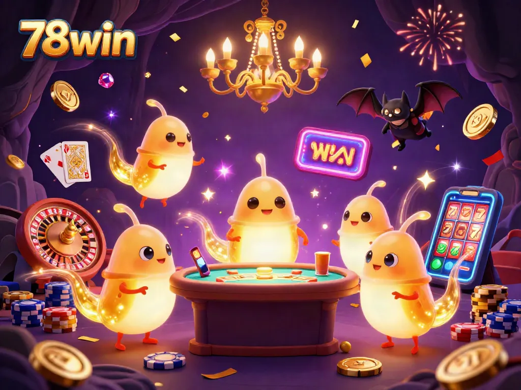 Experience the excitement of 78win in a vibrant 3D casino scene with glowing characters illuminating the game.