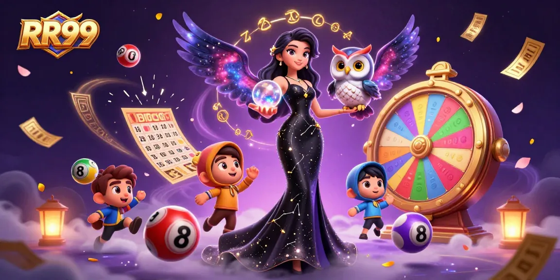 Engage in the vibrant world of RR99 with a mystical scene of a woman holding a glowing crystal ball, surrounded by dynamic casino elements.