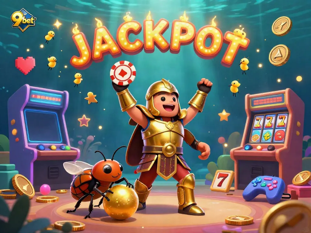 Experience thrilling wins at 9bet with vibrant gaming characters and rich casino elements in a lively illustration.