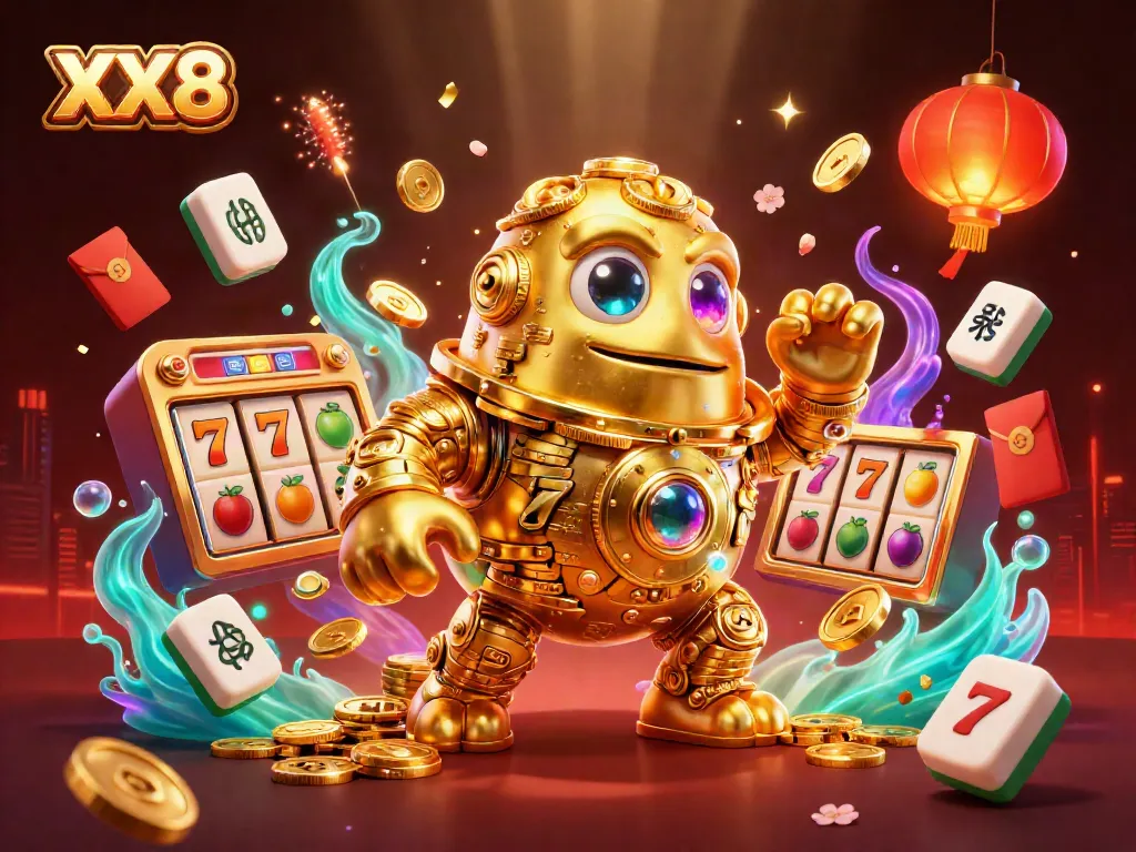 Spin on XX8 slot machines with golden golem and festive decorations for engaging gameplay.