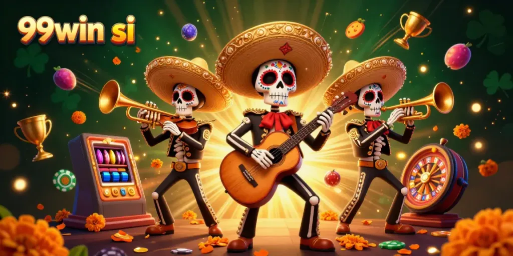 Engaging illustration featuring 99win si with colorful mariachi musicians and vibrant slots action, perfect for online casino promotion.