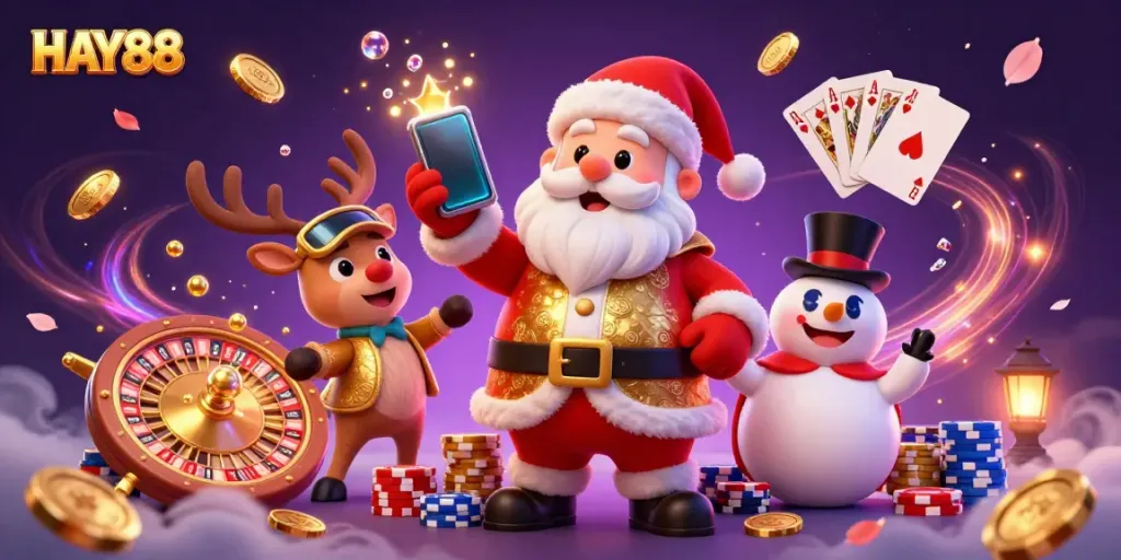 HAY88 presents a festive 3D casino scene with Santa, a reindeer dealer, and a poker chip snowman generating excitement.