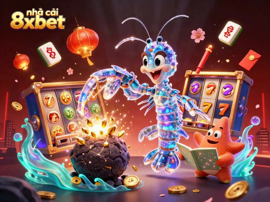Experience thrill at nhà cái 8xbet with dynamic slot reels, gems, and vibrant characters.