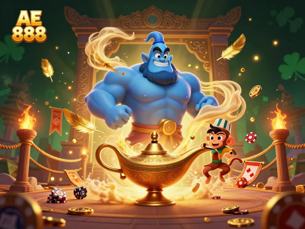 Engage with AE 888 themed casino excitement using a dynamic genie, monkey, and magic carpet illustration.