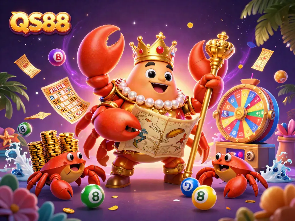 Win big at QS88 with a lively 3D scene of a golden crab emperor and colorful game elements all around.