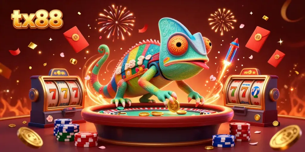 Experience the excitement of tx88 with a vibrant casino scene filled with dynamic gaming elements.