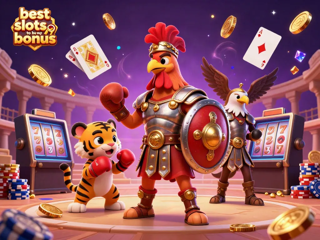 Experience the best slots to buy bonus with a dynamic casino-themed scene featuring a gladiator rooster and gaming elements.